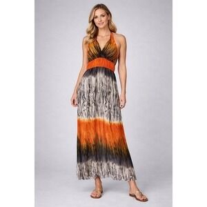 Sky Orange Black Abstract Print Halter‎ Maxi Dress Size Small Smocked Waist Boho